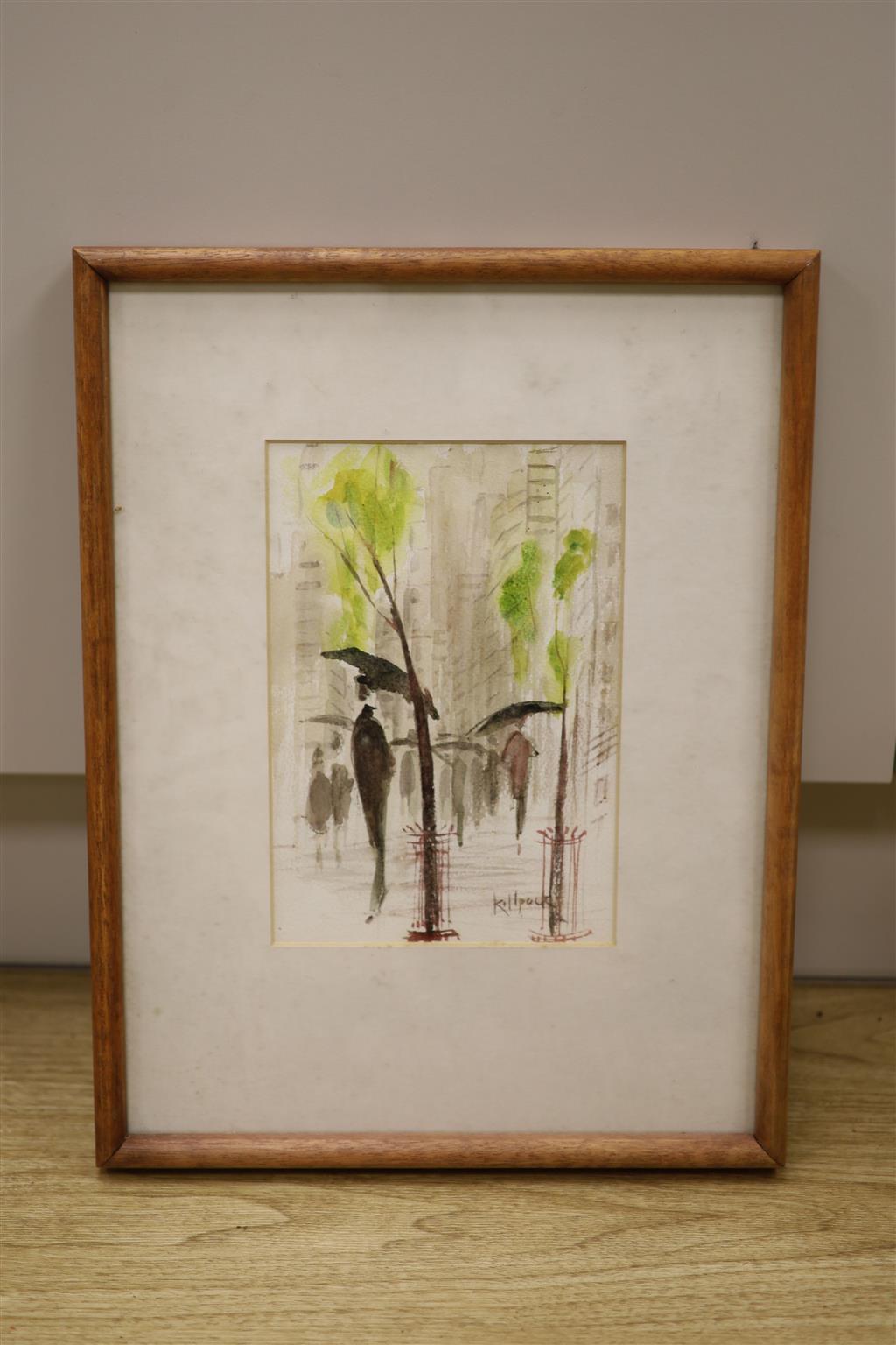 Mona Killpack, watercolour, Umbrellas in New York, signed, 24 x 16.5cm